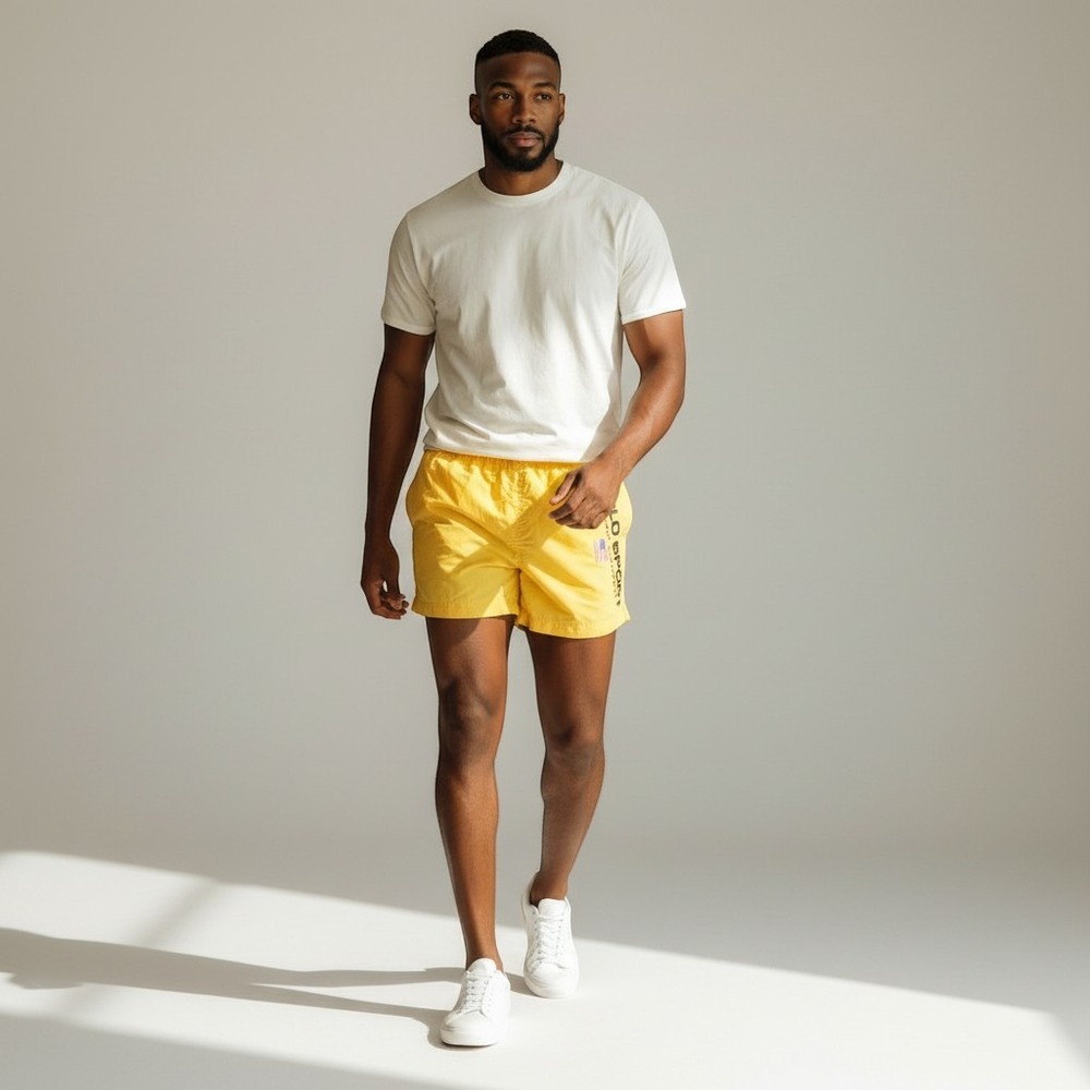 Polo Sport Ralph Lauren Yellow Nylon Swim Trunks Men Large Vintage Shorts